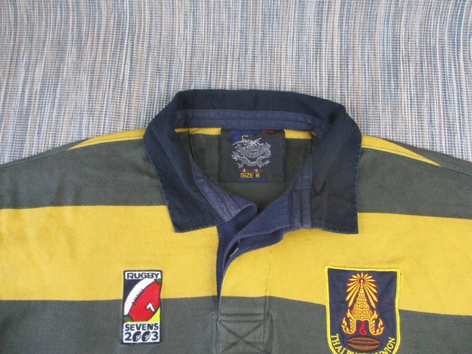 Vintage Thai Rugby Jersey Mens Medium 2003 Hong Kong Sevens Yellow Green Striped - Image 2 of 4