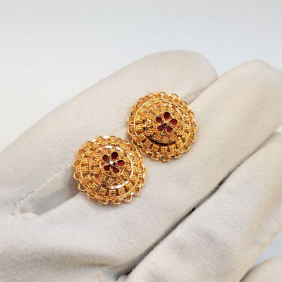 22K YELLOW GOLD STUD EARRING FILIGREE WORK ENAMEL