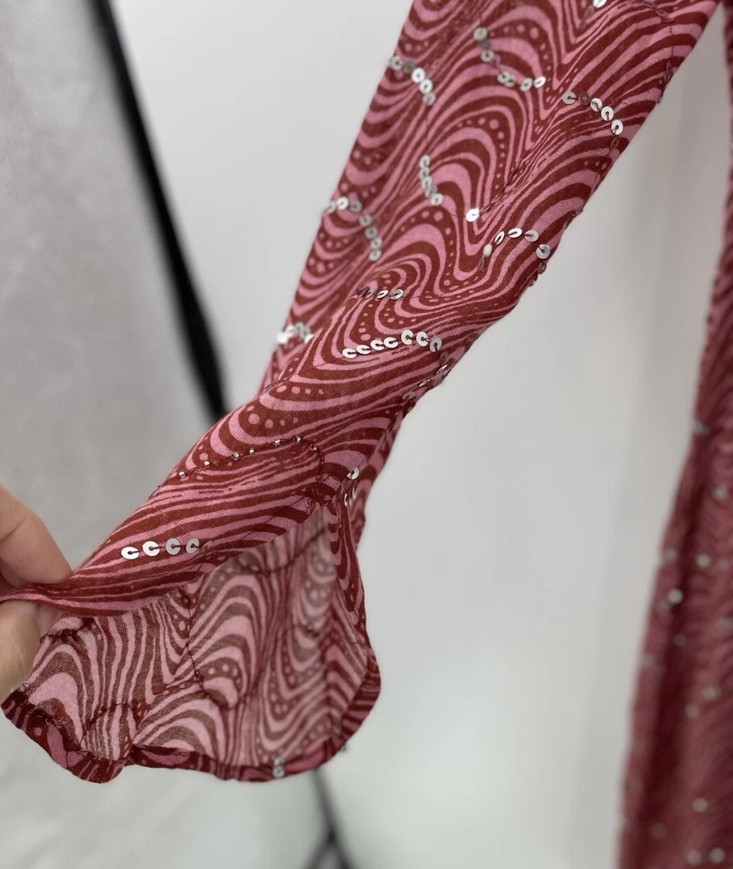 Женское розовое прозрачное платье миди с блестками с бисером Zara размер Small, богемное фестиваль хиппи - Изображение 4 из 4