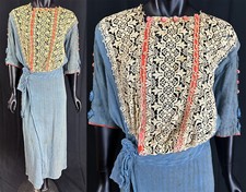 Edwardian Titanic Era Blue Striped Cotton Ivory Lace Pink Velvet Trim Dress VTG