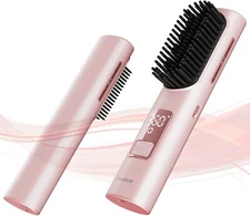 Cordless Hair Straightener Comb USB-C Heated Brush, Pink, Travel Lock, Ion