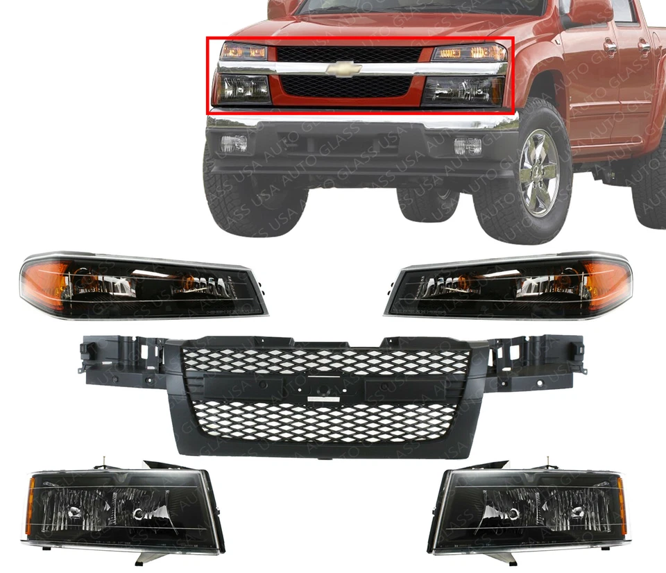 Grille Assembly Black + Headlights Kit For 04-12 GMC Canyon Chevrolet Colorado - Image 2 of 4
