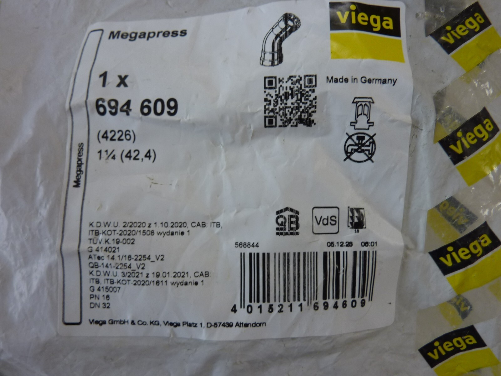 1 x 694609 Viega MegaPress 1.25” Elbow 45° Degree SC-Contur Model 4226
