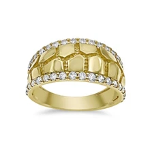 14k Yellow Gold Nugget Mens Band Ring CZ