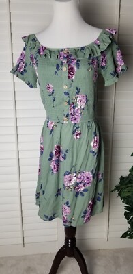 Xhilaration Smocked Dress S Green Floral Fit Flare Short Sleeve Scoop  Ruffle Nk | eBay