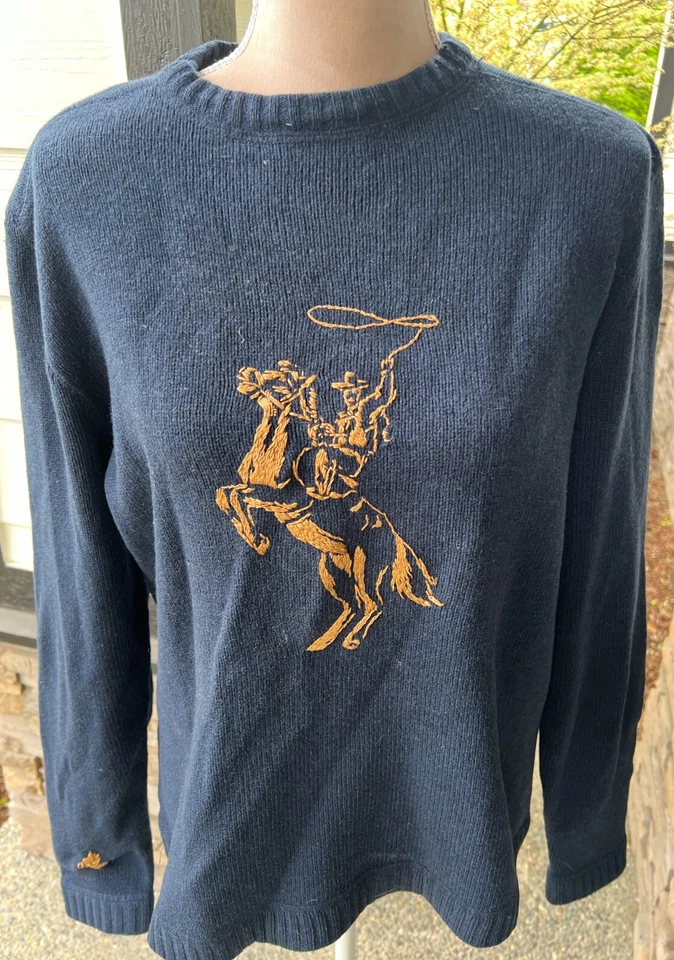 Cowboy Western Hand Embroidered Navy Blue Wool Sweater M - Image 2 of 4