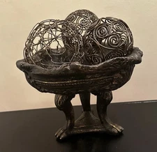 Ornate Ceramic Bronzed Bowl Centerpiece Footed Pedestal Decor With Wire Balls