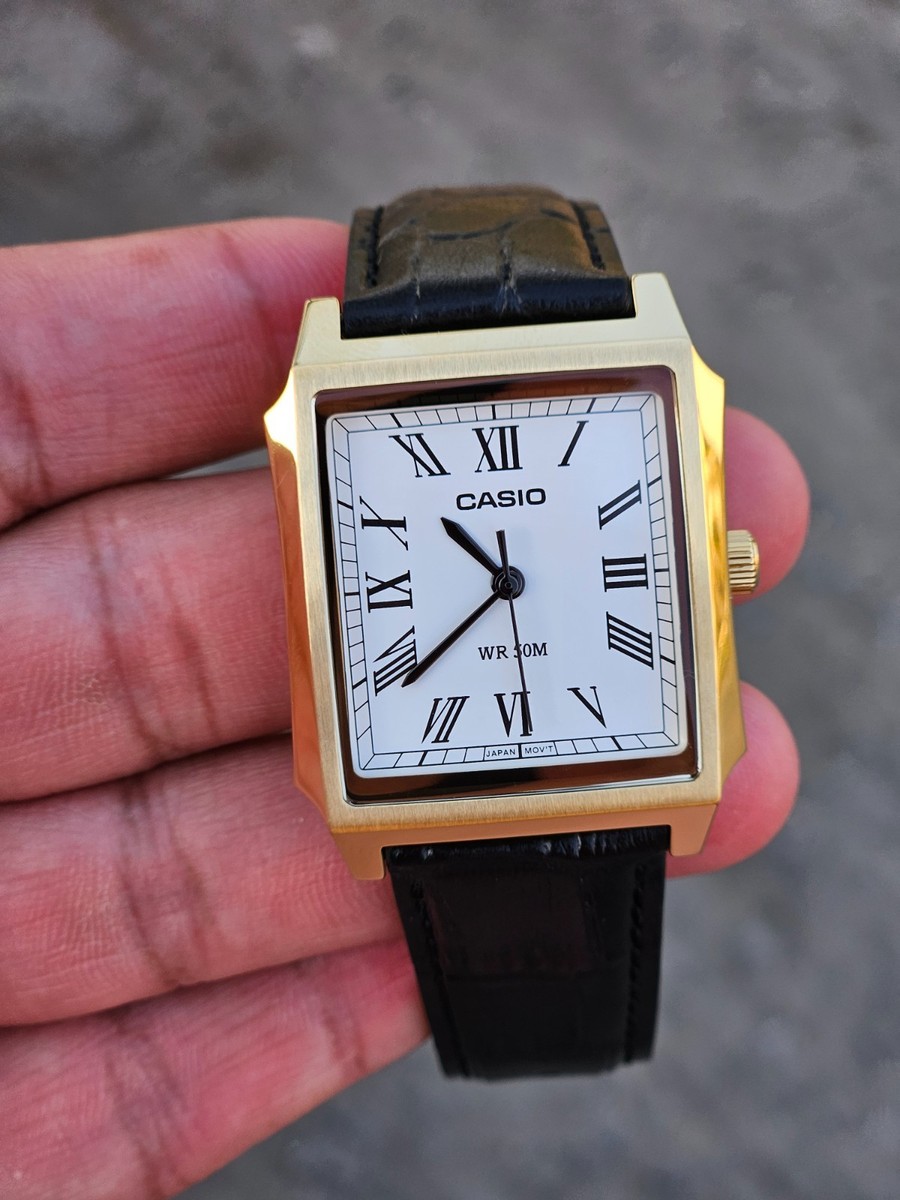 Casio MTP-B190GL-7BVDF Gold Rectangle Roman Dial Leather Strap 50M