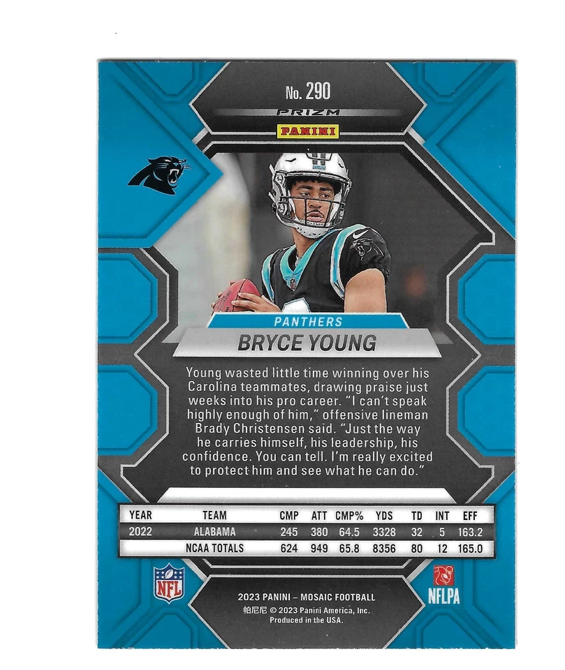 BRYCE YOUNG 2023 PANINI MOSAIC SILVER PRIZM ROOKIE RC #290 $30.00 PANTHERS - Image 2 of 2
