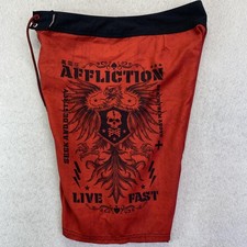 Affliction Board Shorts Mens 34 Red Black Live Fast Skull Graphic Surf Swim