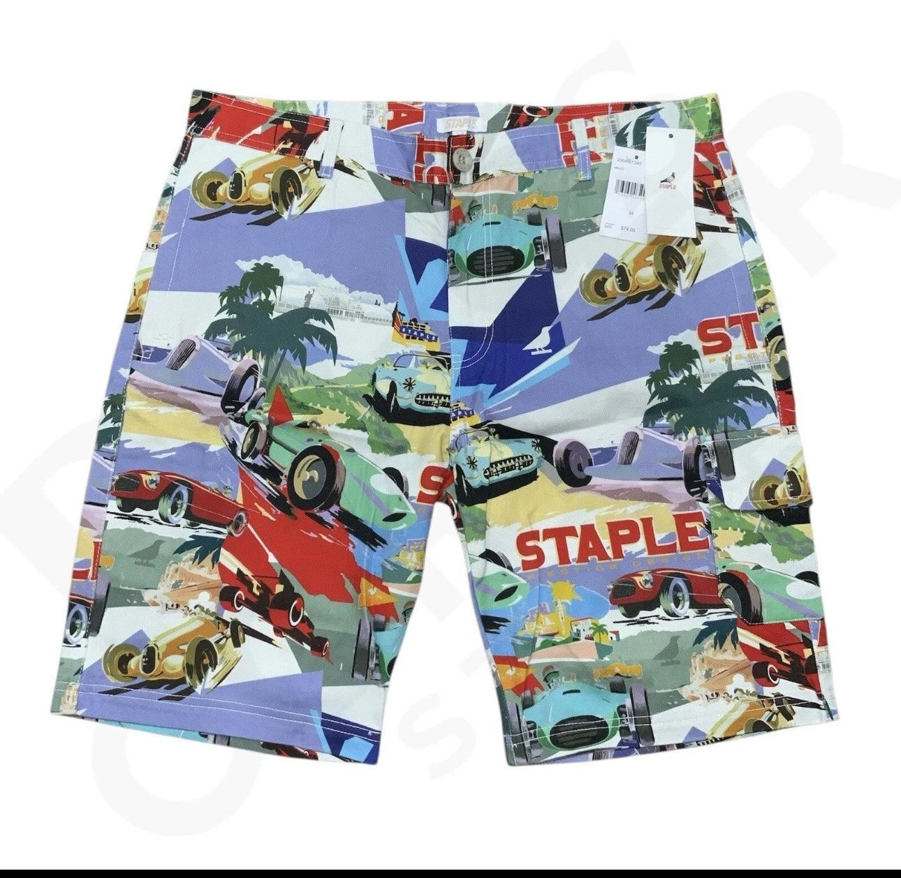 34” Jeff Staple Paradise Cargo Shorts Cotton Cars Racing Themed