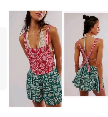 Free People Red Green Tropical Romper Size L NEW! - Picture 1 of 8