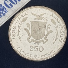 14,57g Fein-Silber 250 Francs Guineens Münze Guinea 1968 Mondlandung