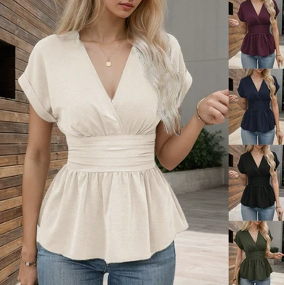 Women's V Neck Peplum Top Short Sleeve Waist Wrap Blouse Casual Solid Tunic Shir - Image 1 of 4