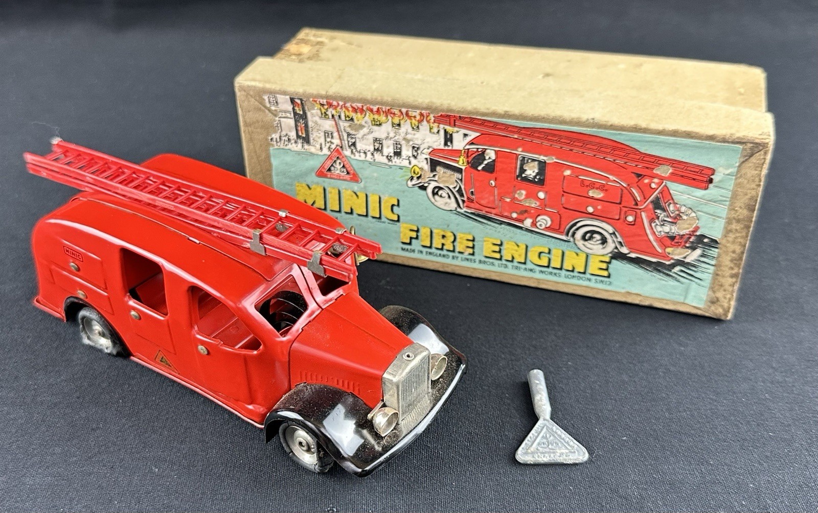 Vintage Tri-Ang Minic Toy - Fire Engine - w/ Original Box/Key - Nice Cond