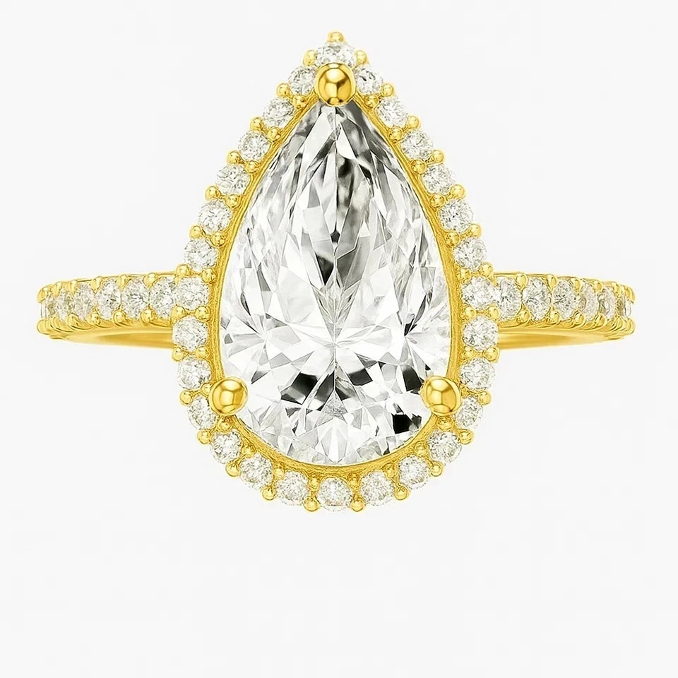 Anillo de compromiso de diamantes VVS1 talla pera de 3,50 quilates creado en laboratorio de oro amarillo de 14 quilates FN Foto 4 de 4