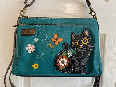 #ad CHALA BLACK CAT DELUXE CROSSBODY BAG 4 RFID CRECIT CARD SLOTS TURQUOISE $60.00