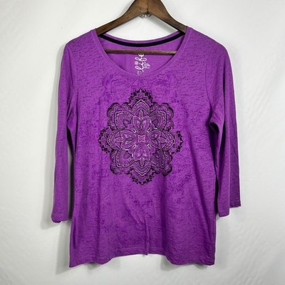 Made for Life Womens Purple Burnout Mandala Graphic 3/4 Sleeve Top PL
