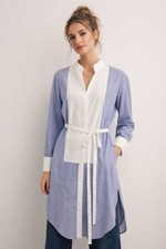 ZARA Womens Long Shirt Dress Blue White Colorblock Belted Slit Medium