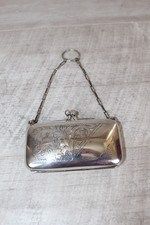 Antique Edwardian EPNS Silver Plate Finger Purse Engraved Detail Silk Lining