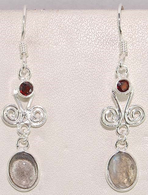 Natural Labradorite & Fire Garnet 925 Sterling Silver Earrings Jewelry @9-3