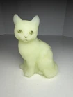 Vintage Fenton Custard Uranium Glass Painted Sitting Cat, Flowers, Signed