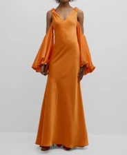 Halston Women's Orange Satin Cold-Shoulder Balloon Sleeve Binnie Dress Size 12