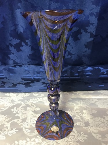 Vintage venezianische Bernstein & blau Murano Fuß Trompete Vase Kelch  - Bild 1 von 3