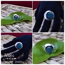 Handmade peruvian ring 950 silver w/circular design Chrysocolla Sz 8-9 Adj