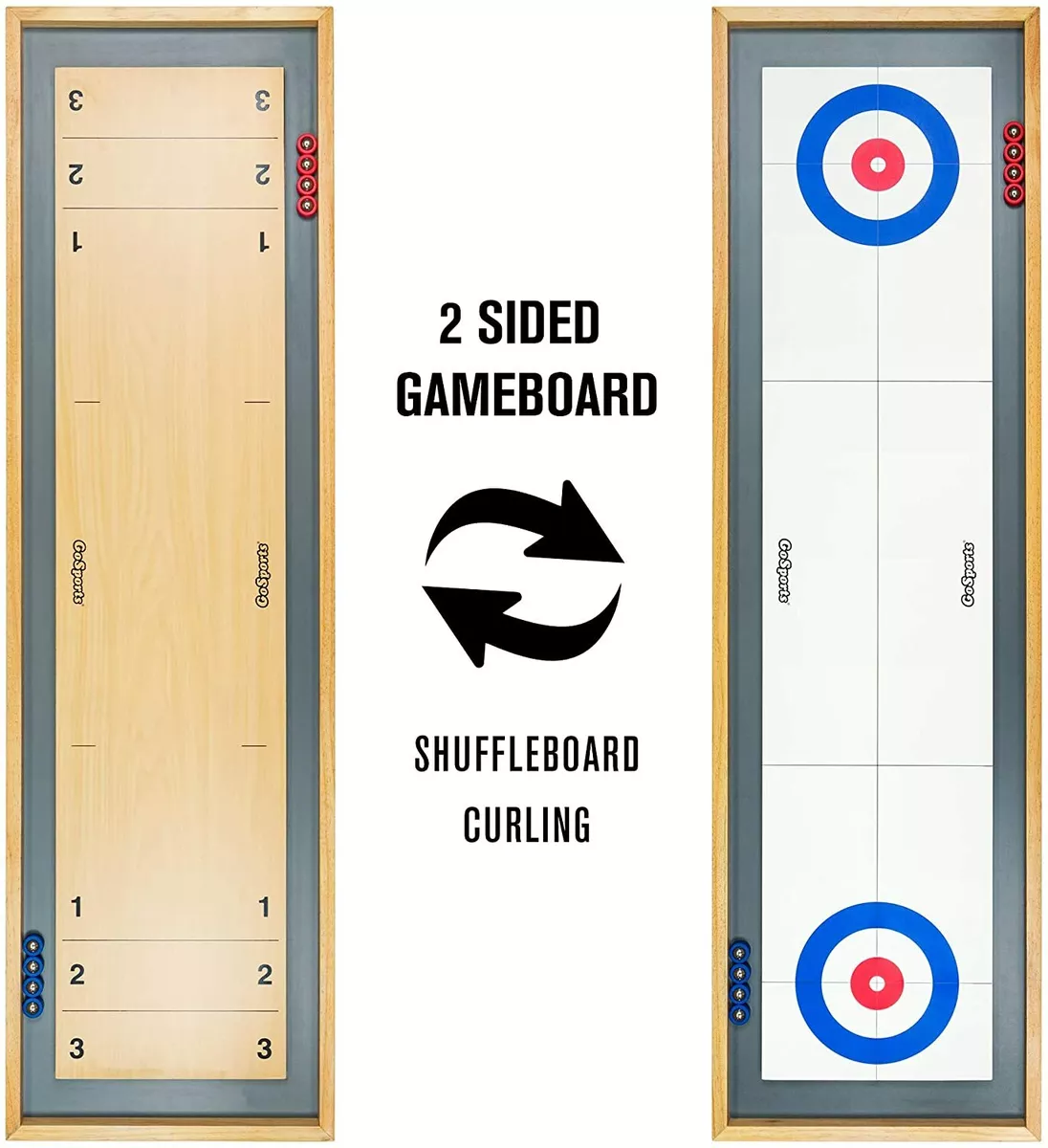 2-in-1 Solid Wood Mini Shuffleboard and Curling Tabletop Game Board Set  with 8 Rollers Great for Indoor and Outdoor Family Game