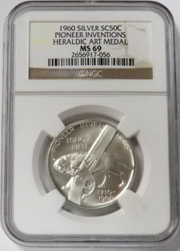 1960 SILVER 50C PIONEER INVENTIONS CONESTOGA WAGON HERALDIC ART MEDAL NGC MS 69