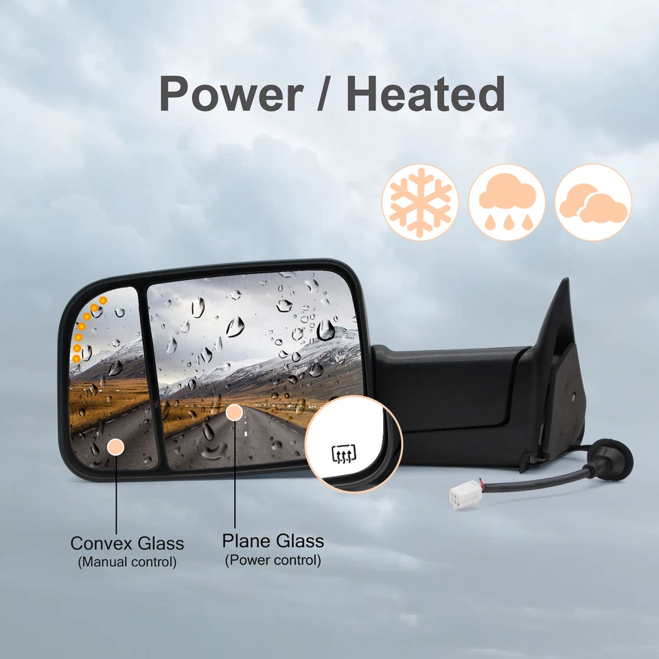 Par de espejos retrovisores laterales de remolque señal de flecha eléctrica para Dodge Ram 1500 2500 1999-2001 negro Foto 3 de 4