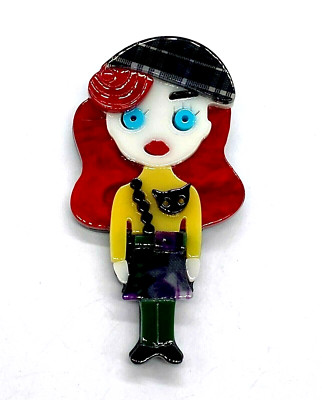 Acrylic Resin Brooch Girl with Long Red Hair & Black Beret & Cat Brooch ...