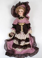 PORCELAIN DOLL, 18in TALL IN VINT. PURPLE DRESS  W/ A GAINSBOROUGH HAT