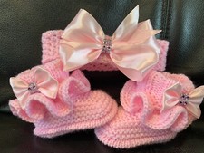Hand knitted Romany Bling baby girls booties/shoes/Crochet headband.0-3months