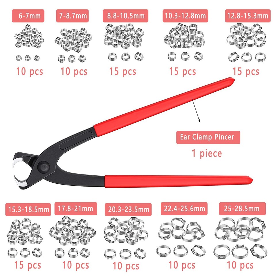 131Pcs 1/4" 1" Single Ear Hose Clamps with Ear Clamp Pincer PEX Cinch