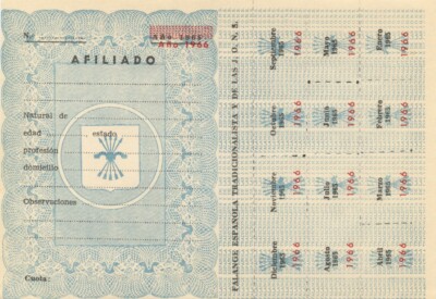 1965 Affiliate-Coupon der traditionellen spanischen Phalanx und der J.O.N.S.