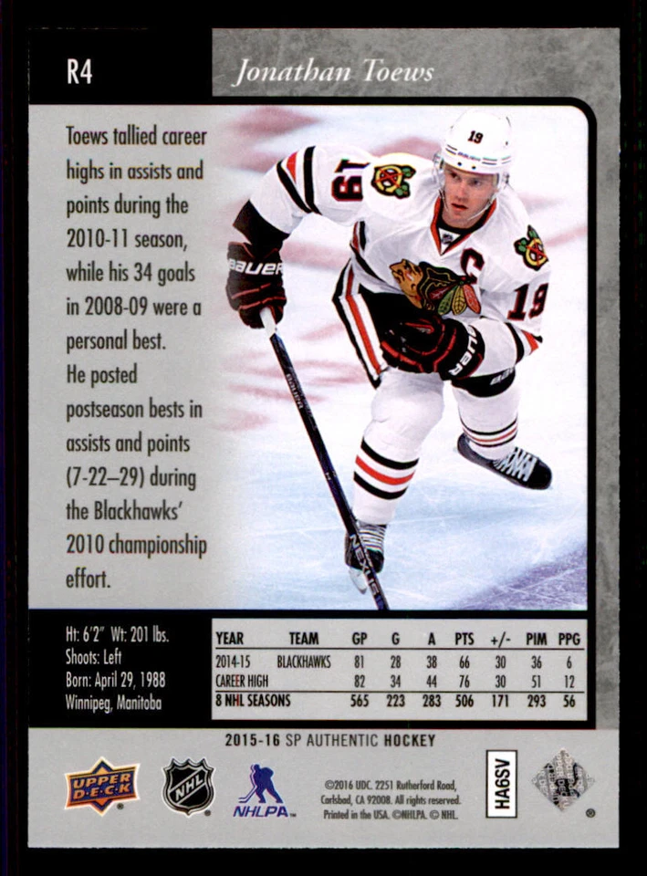 2015-16 SP Authentic '95-96 SP Retro #R4 Jonathan Toews - Image 2 of 2