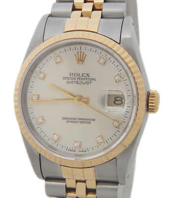 Mens Rolex Two-Tone Datejust Factory Silver Diamond Dial 16233