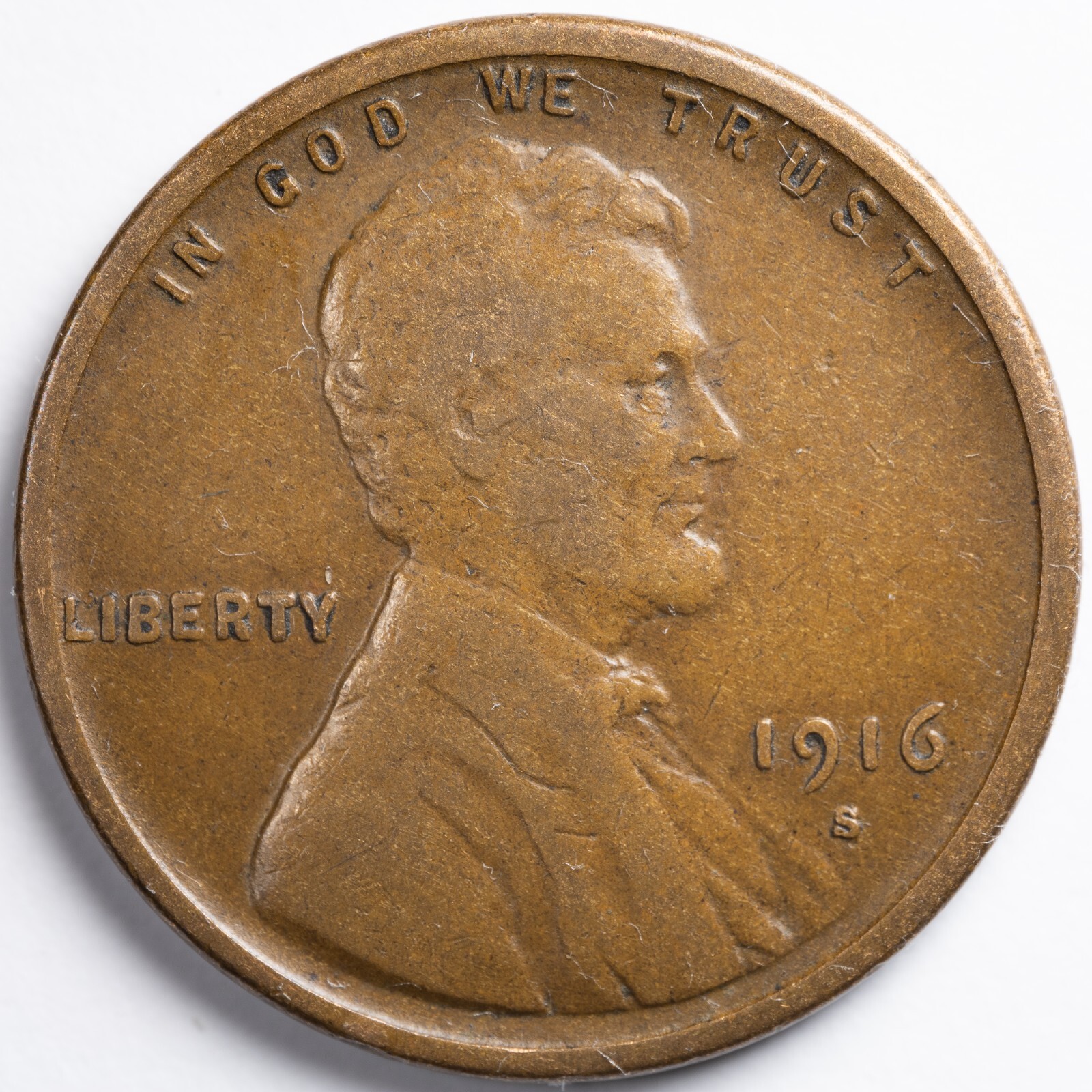 1916-S Fine (F) Lincoln Wheat Penny Cent, San Francisco Mint