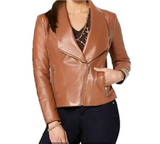 Iman Plus Size 3x Genuine Leather Jacket Moto Coat Asymmetrical Cognac Brown