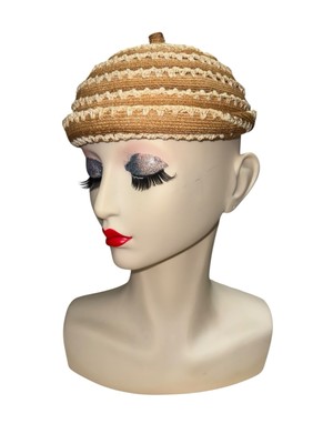 Vintage Womens Cream And Brown Striped Crochet Style Beanie  display picture 1