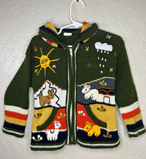 Isabella Mia Kids Size 4 Hooded Full Zip Knit Wool Blend Sweater Green Animal
