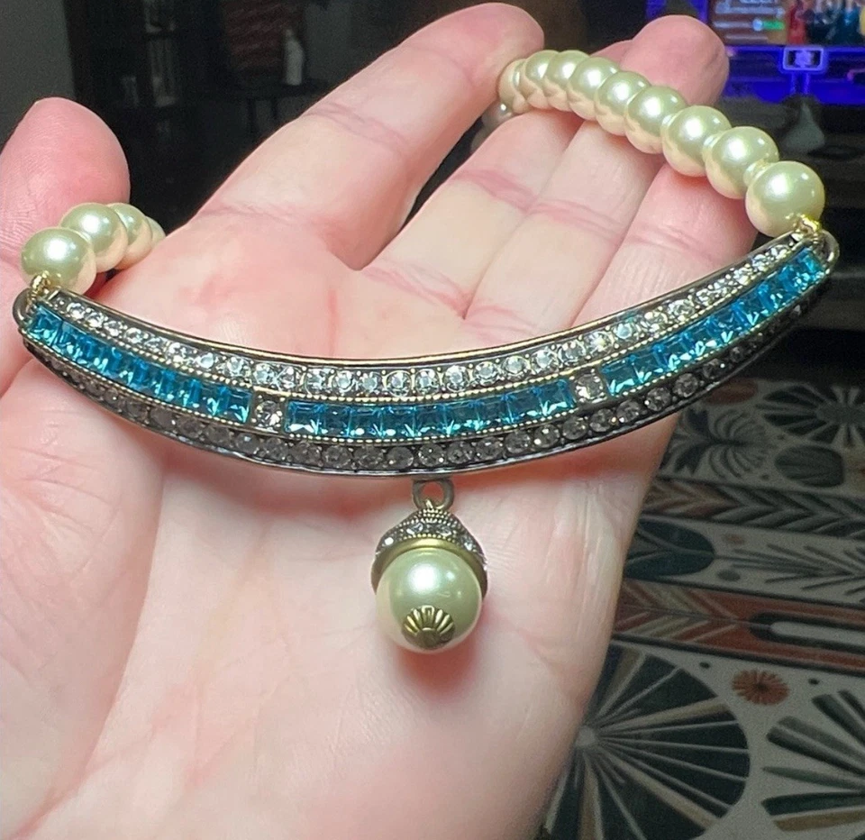 Collar De Colección Heidi Daus Firmado Perla Gota Azul Cristal Transparente Estrás Acentos Foto 4 de 4