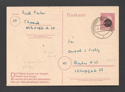 Germany Obliterated Hitler Head Tharandt 1945 Nazi 6pf Postal Stationery Card