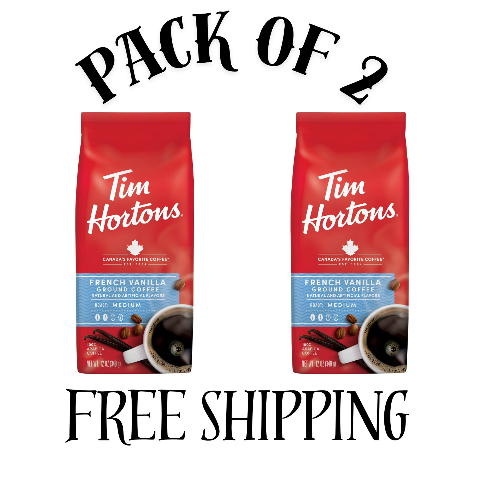 (2 PACK) Tim Hortons French Vanilla Flavored Coffee, Medium 