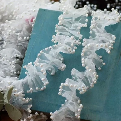 Cinta Decorativa Con Cuentas Y Plisado, Encaje Borde Tulle Negro Blanco - Imagen 1 de 4
