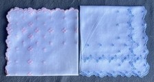  89 Vintage 2 White Cotton Hankie Floral Embroidered Pink  Blue Scalloped Edge