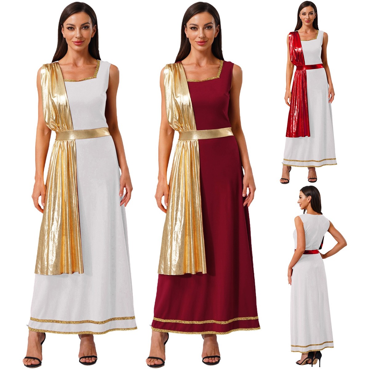 Women Greek Roman Toga Dress Sleeveless Metallic Shiny Robe for Halloween  Party