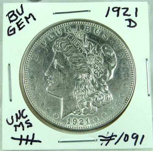 1921-D MORGAN SILVER DOLLAR FROM ORIGINAL BANK BAG GEM BU US MINT #1091